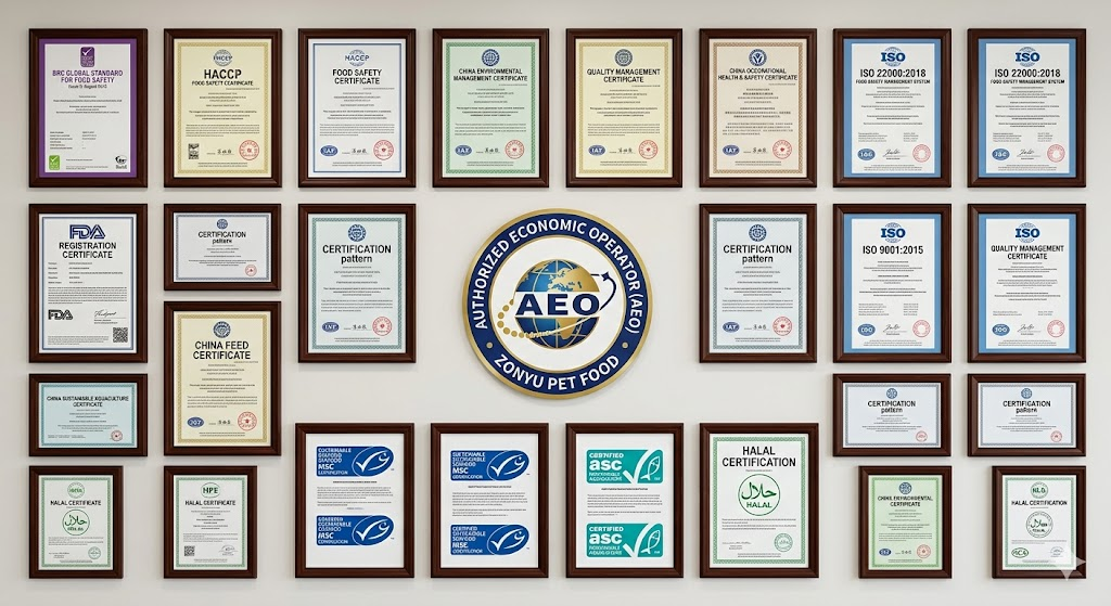 Zonyu Pet Food manufacturing facility global certifications including FDA registered, BRCGS, and ISO 22000 for premium freeze-dried pet treats OEM.